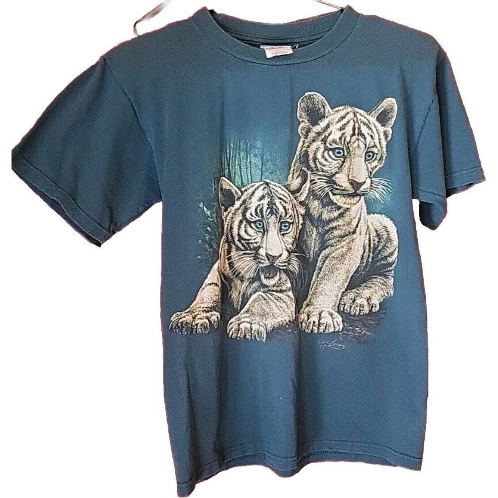 VTG 90s Oneita White Kids Small Tigers Extinction Forever Artist  Signed Print.